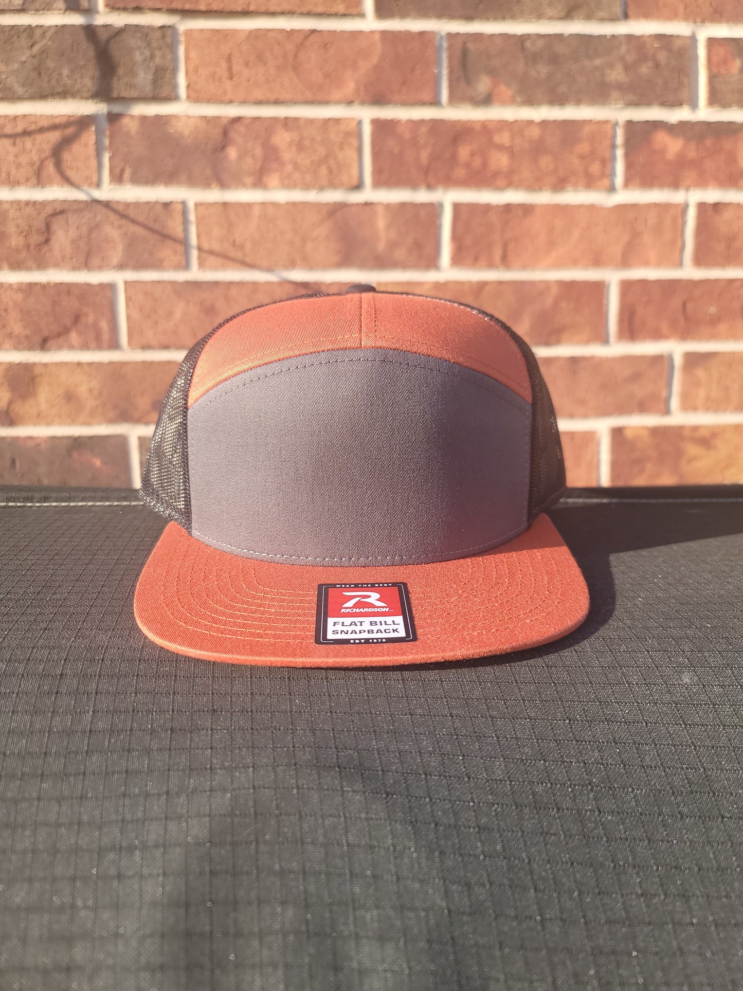 7 panel tri color caps - Charcoal/Burnt Orange/Black