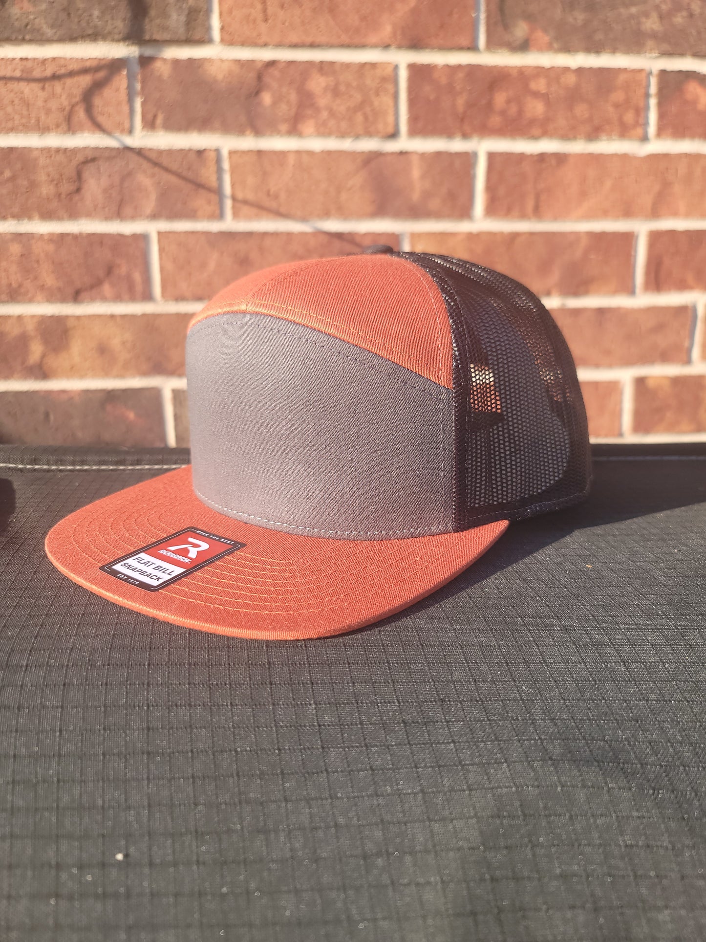 7 panel tri color caps - Charcoal/Burnt Orange/Black